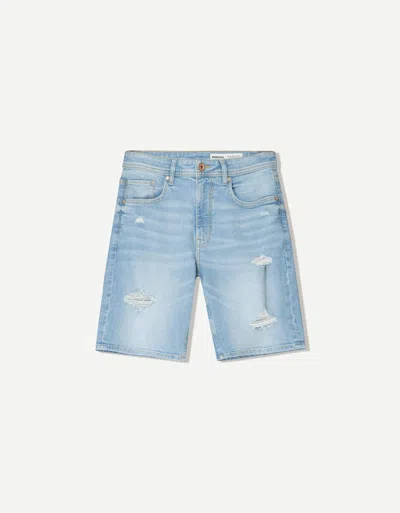 Bershka Ripped Denim Bermuda Shorts In Blue