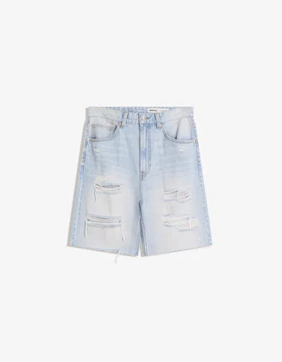 Bershka Ripped Denim Bermuda Shorts In Blue