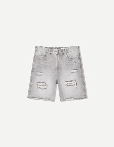 Bershka Ripped Denim Bermuda Shorts In Gray