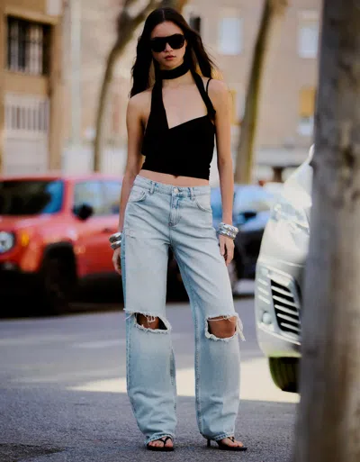 Bershka Ripped High-waist Wide-leg Jeans In Blue