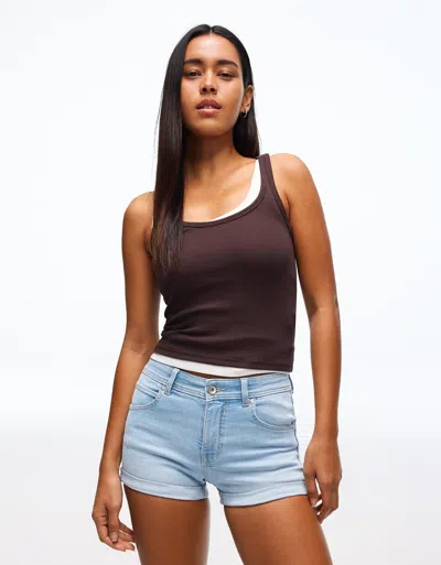 Bershka Roll-up Denim Shorts In Blue