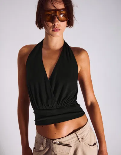 Bershka Ruched Crossover Top With Sash In Black