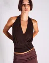 Bershka Ruched Crossover Top With Sash In Brown