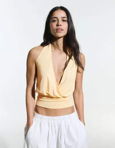 Bershka Ruched Crossover Top With Sash In Brown