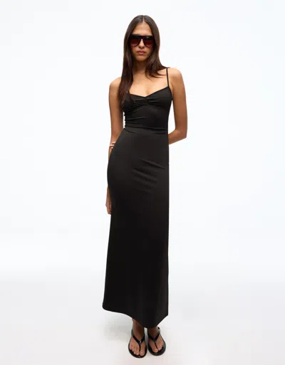 Bershka Ruched Strappy Midi Dress In Black