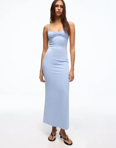 Bershka Ruched Strappy Midi Dress In Blue