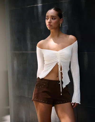 Bershka Rustic Gathered Knit Sweater In White