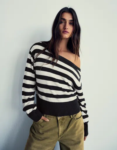 Bershka Rustic Striped Asymmetric Sweater In Blue