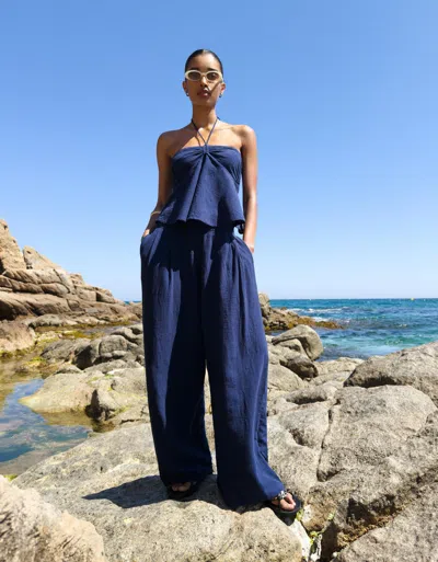 Bershka Rustic Wide-leg Pants With Darts In Multi