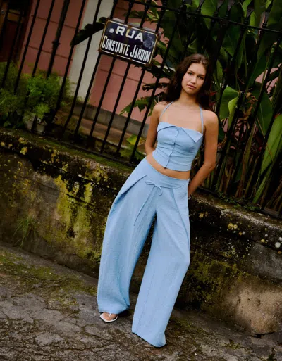 Bershka Rustic Wide-leg Trousers With Pleats In Blue