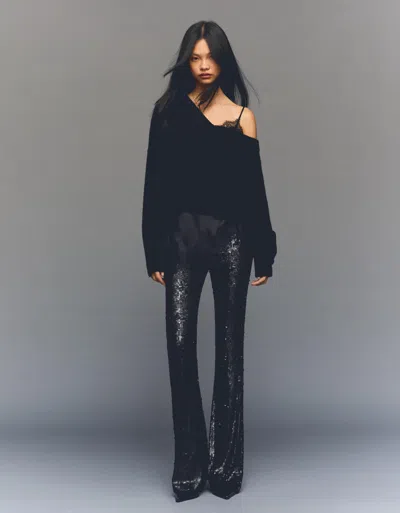 Bershka Sequinned Flared Trousers In Black