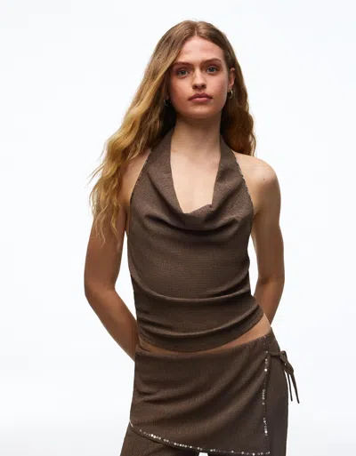 Bershka Sequinned Halter Top In Brown
