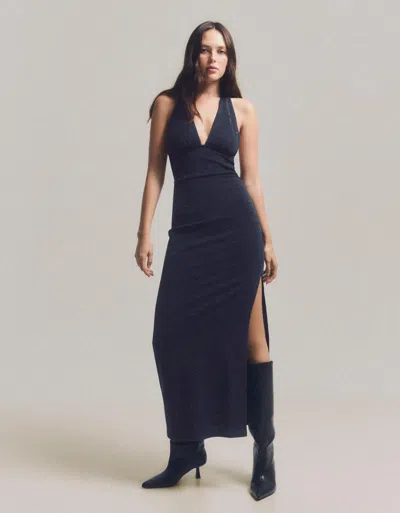 Bershka Shimmery Halterneck Midi Dress In Black
