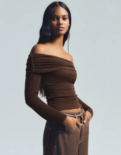 Bershka Shimmery Textured Bardot Neckline Top In Brown