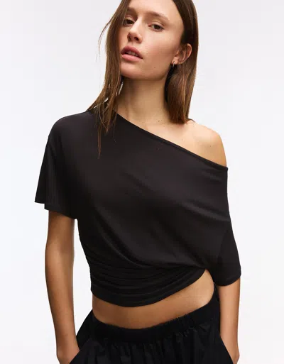 Bershka Short Sleeve Asymmetric Print T-shirt In Black