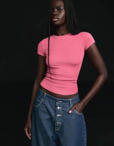 Bershka Short Sleeve Crew Neck T-shirt In Pink