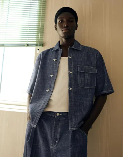 Bershka Short Sleeve Denim Shirt With Clasp Fasteners In Blue