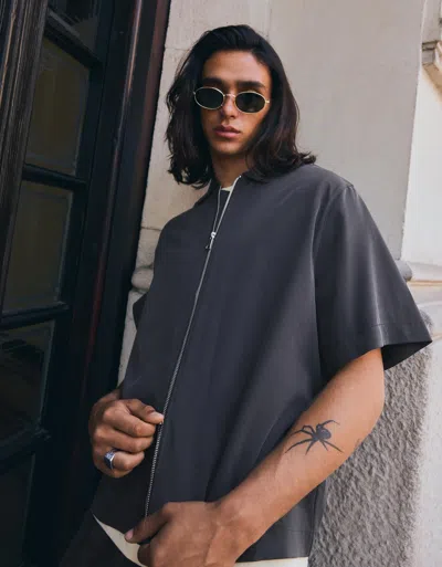 Bershka Short Sleeve Flowing Boxy Fit Shirt In Gray