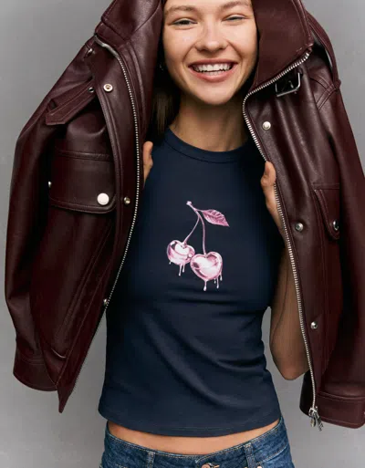 Bershka Short Sleeve Print T-shirt In Blue