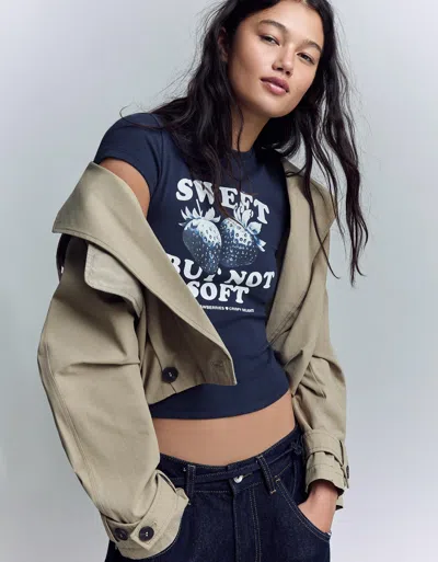 Bershka Short Sleeve Print T-shirt In Blue