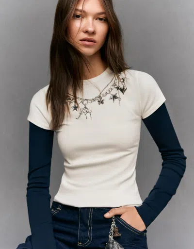 Bershka Short Sleeve Print T-shirt In White