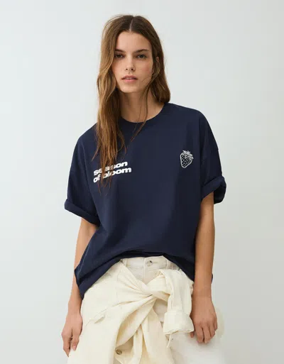 Bershka Short Sleeve Print T-shirt In Blue