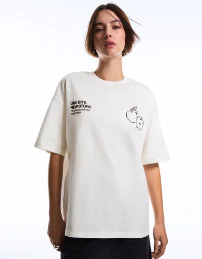 Bershka Short Sleeve Print T-shirt In White
