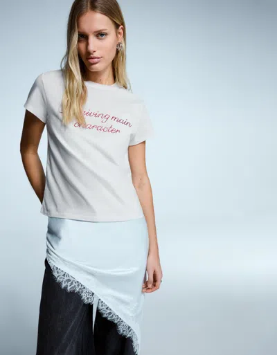 Bershka Short Sleeve Printed T-shirt With Rhinestones In White