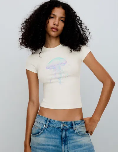 Bershka Short Sleeve Sequinned Print T-shirt In Multi