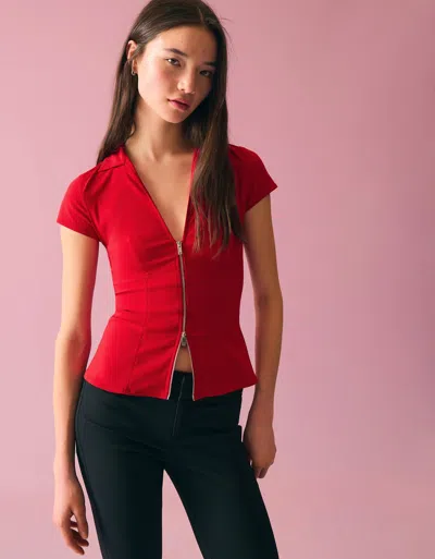 Bershka Short Sleeve Shirt With Zip In Red
