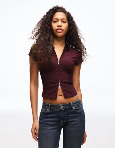 Bershka Short Sleeve Shirt With Zipper In Burgundy