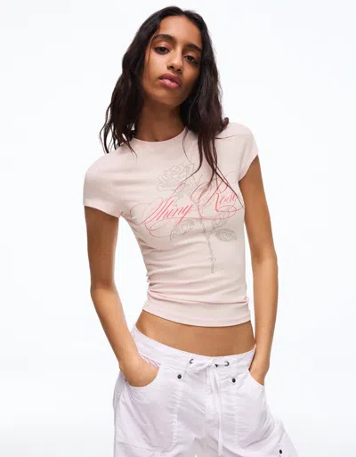 Bershka Short Sleeve Strass T-shirt In Pink