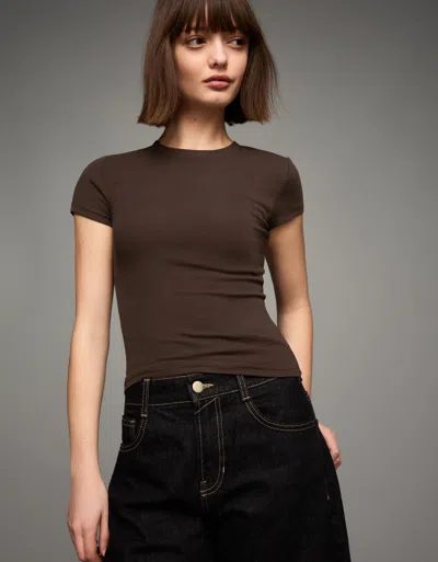 Bershka Short Sleeve T-shirt With A Scoop Neck In Brown