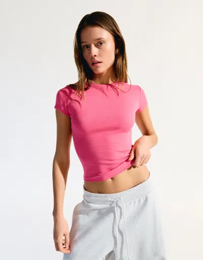 Bershka Short Sleeve T-shirt With A Scoop Neck In Pink