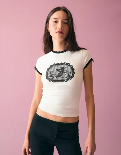 Bershka Short Sleeve T-shirt With Contrast Lace In White