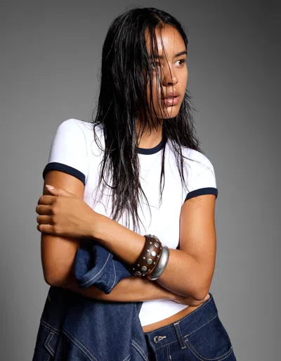 Bershka Short Sleeve T-shirt With Contrasting Details In White