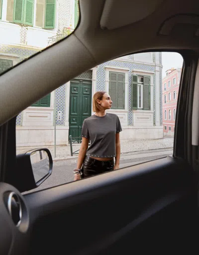 Bershka Short Sleeve T-shirt With Eyelets In Gray