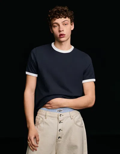 Bershka Short Sleeve T-shirt With Contrast Ribbing In Blue