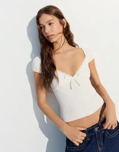 Bershka Short Sleeve Waffle-knit T-shirt In White