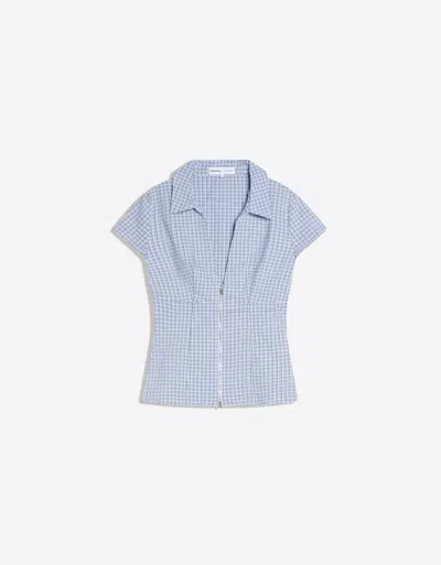 Bershka Short Sleeve Zip Print Shirt In Blue