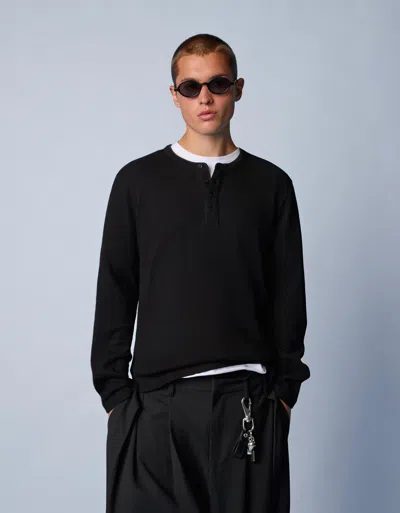 Bershka Slim-fit Henley Long Sleeve T-shirt In Black