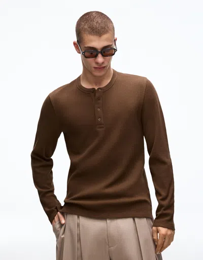 Bershka Slim-fit Henley Long Sleeve T-shirt In Brown