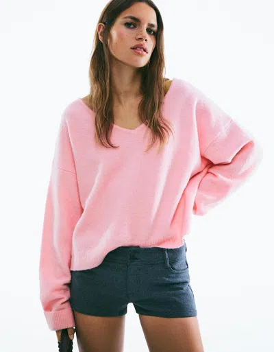 Bershka Soft Touch V-neck Sweater In Pink