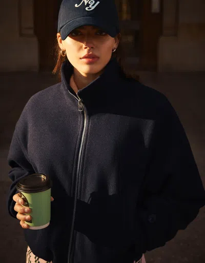 Bershka Soft-touch Zip-up Jacket In Blue