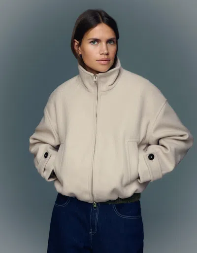 Bershka Soft-touch Zip-up Jacket In Neutral