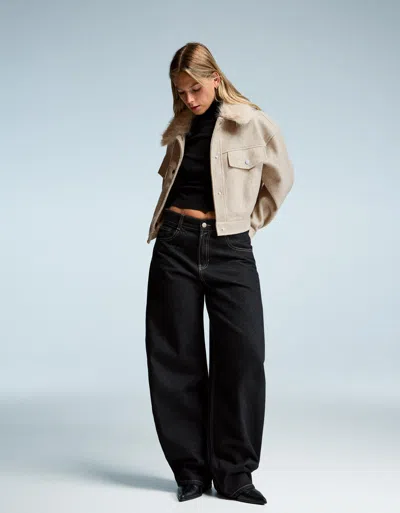 Bershka Soft Trucker Jacket With Faux Fur Collar In Neutral