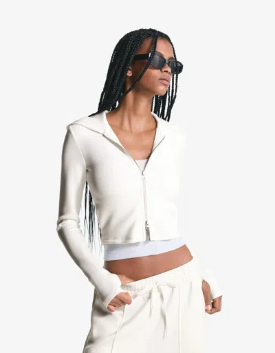 Bershka Soft Zip-up Modal Hooded Sweatshirt In White