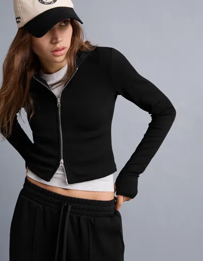 Bershka Soft Zip-up Modal Blend Hoodie In Black