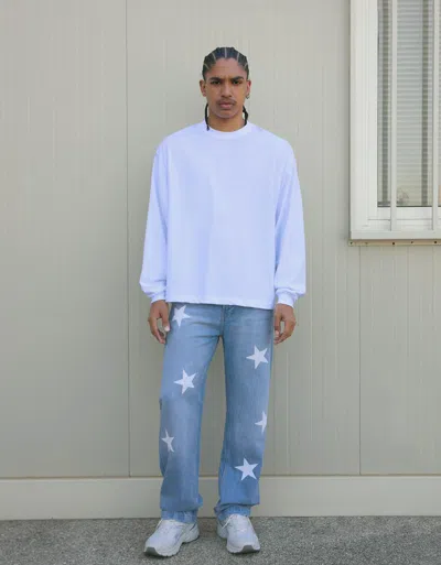 Bershka Straight Fit Printed Jeans In Blue