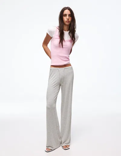 Bershka Straight-leg Striped Print Trousers In Gray